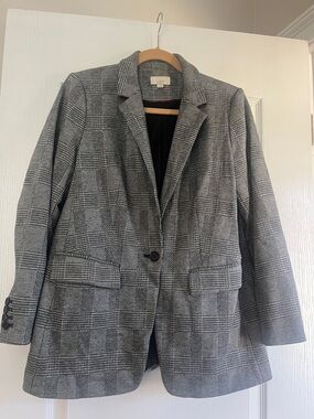 LOFT Black and Gray Glen Plaid Single-Button Blazer